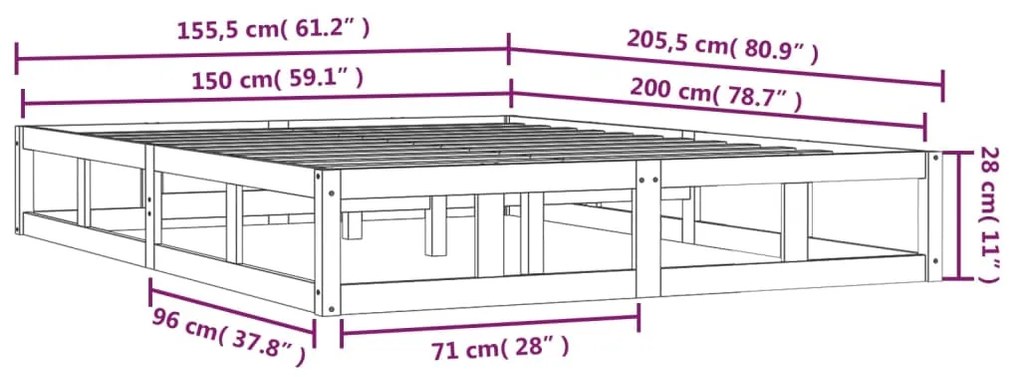 Σκελετός κρεβατιού Honey Brown 150x200 cm King Size Μασίφ Ξύλο - Καφέ