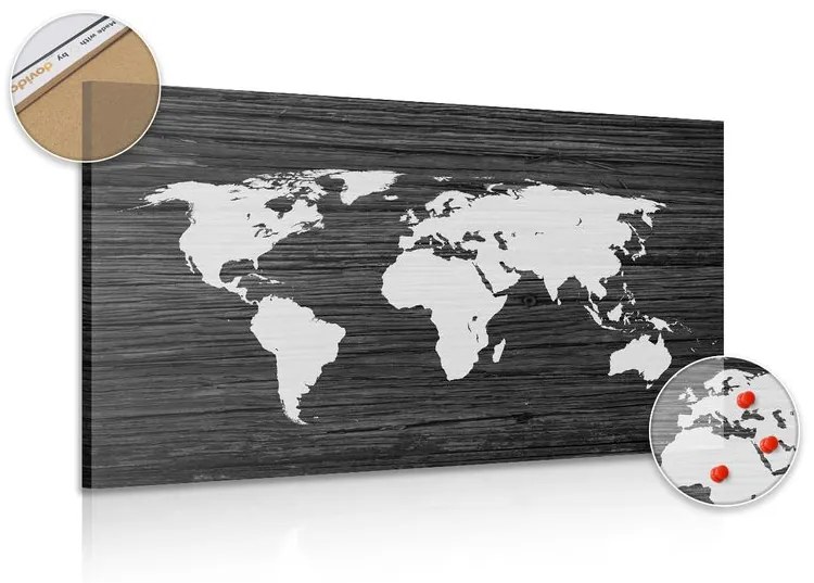 Εικόνα στον παγκόσμιο χάρτη φελλού σε ξύλο σε ασπρόμαυρο σχέδιο - 90x60