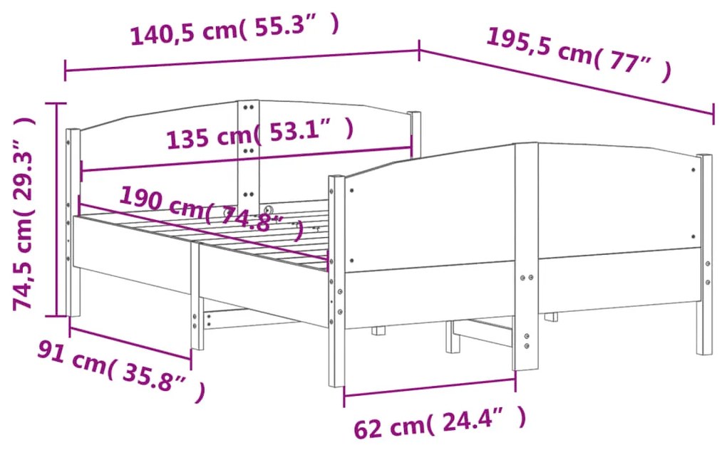 Σκελετός Κρεβ. Χωρίς Στρώμα Καφέ Κεριού 135x190 εκ Μασίφ Πεύκο - Καφέ