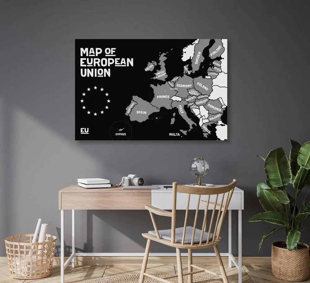 Εικόνα σε εκπαιδευτικό χάρτη από φελλό με ονόματα χωρών σε μαύρο & άσπρο της ΕΕ - 120x80