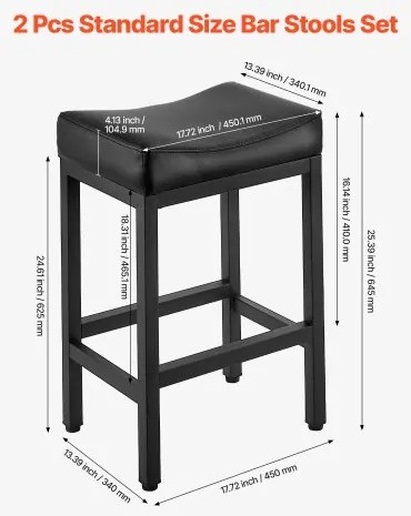 VEVOR Bar Stool Set of 2, PU Leather Counter Height Stools, 62cm Barstool with Saddle-Seat and Metal Legs, Easy Assembly Backless Bar Chair, Island Barstools for Kitchen, Dining Room, Cafe, Black