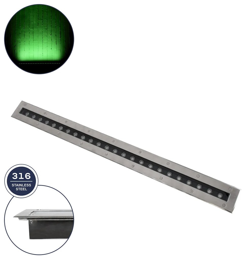 GloboStar UNDERGROUND-REMVI 90194-G Χωνευτό Φωτιστικό Wall Washer Δαπέδου LED 18W 1440lm 10° DC 24V Αδιάβροχο IP68 L100 x W9 x H7.2cm Πράσινο - Ανοξείδωτο Ατσάλι - 3 Years Warranty - 90194-G