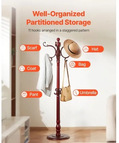 VEVOR Freestanding Coat Rack Wooden Coat Tree with Stable Large Base &amp; 11 Hooks