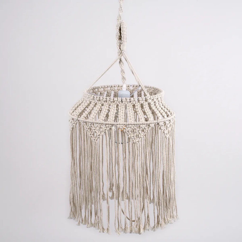 GloboStar ALGERIA 36202 Boho - Μακραμέ - Macrame Κρεμαστό Φωτιστικό Οροφής Μονόφωτο 1 x E27 Πλεκτό Χειροποίητο Μπεζ Υφασμάτινο με Σχοινί Φ40 x Υ50cm - 36202