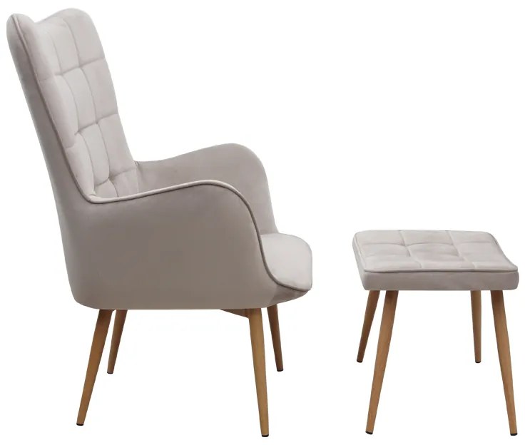 Πολυθρόνα - Μπερζέρα με υποπόδιο Lily Megapap μπεζ βελούδο - μεταλλικό πόδι χρώμα φυσικό 70x62x98εκ.