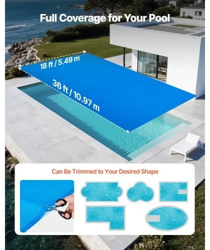 VEVOR Solar Pool Cover, 10.97 x 5.49m Rectangle Pool Bubble Cover, 8 Mil Pools Solar Blanket with Bubble &amp; PE Material, Daytime Heat Absorption, Nighttime Heat Retention, Heat Retaining Solars Covers, Blue