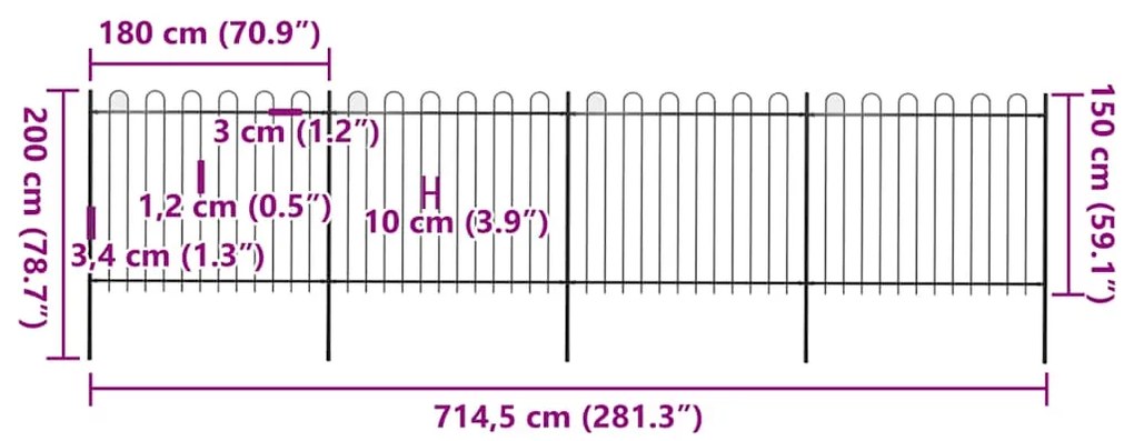 vidaXL Φράχτης Κήπου με Κορυφή από Ατσάλι 714,5 x 150 εκ. Μαύρος