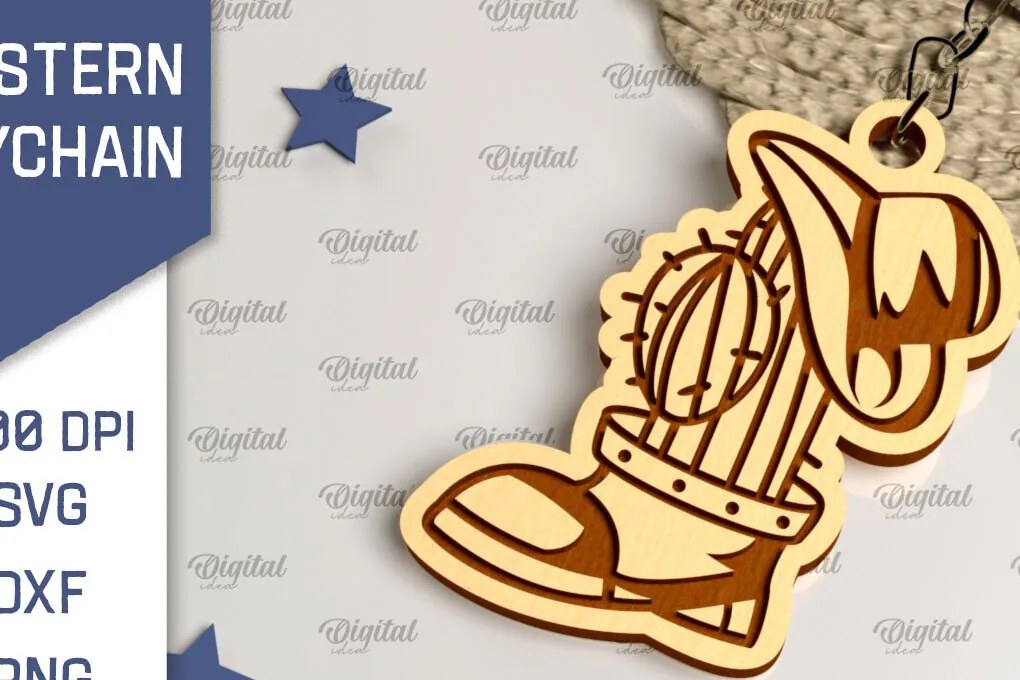 Intra απο ξύλο plywood 3mm-4mm πάχος - Cowboy Western Keychain Laser Cut Δίασταση 4x4 cm INTRAFABR-99200419