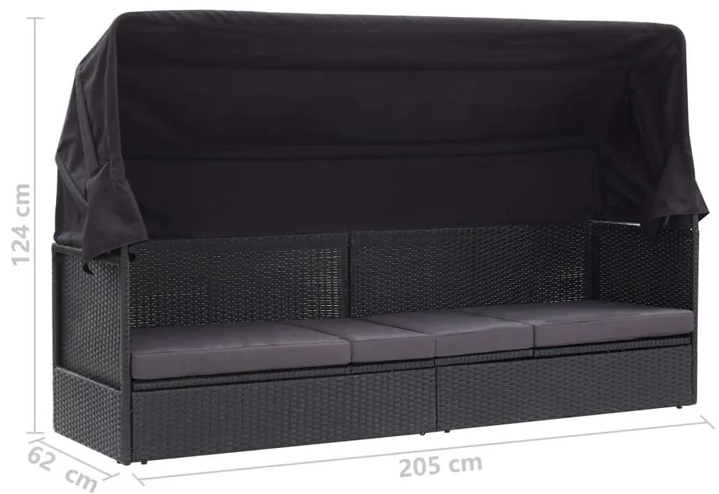 Καναπές - Κρεβάτι Κήπου Μαύρος από Συνθετικό Ρατάν με Σκίαστρο - Μαύρο