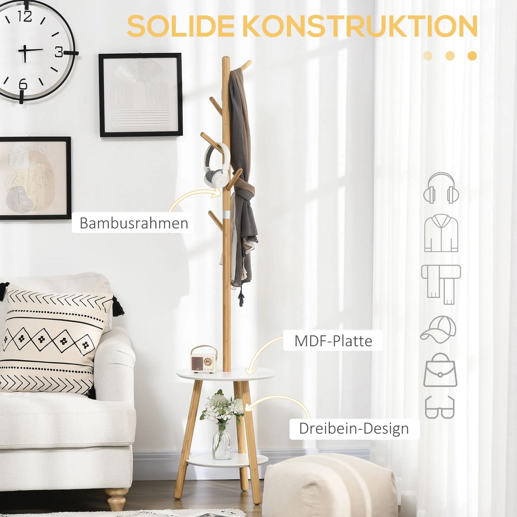 HOMCOM Κρεμάστρα παλτών με βοηθητικό τραπέζι σε σκανδιναβικό στυλ, 5 γάντζοι παλτών, 39,5 cm x 39,5 cm x 171 cm, φυσικό + λευκό
