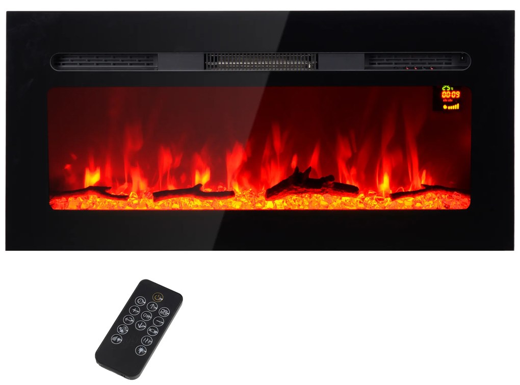 Ηλεκτρικό τζάκι HOMCOM για επιτοίχια τοποθέτηση με τηλεχειριστήριο, ψεύτικα ξύλα και κρύσταλλα, ισχύς 1800W, Μαύρο