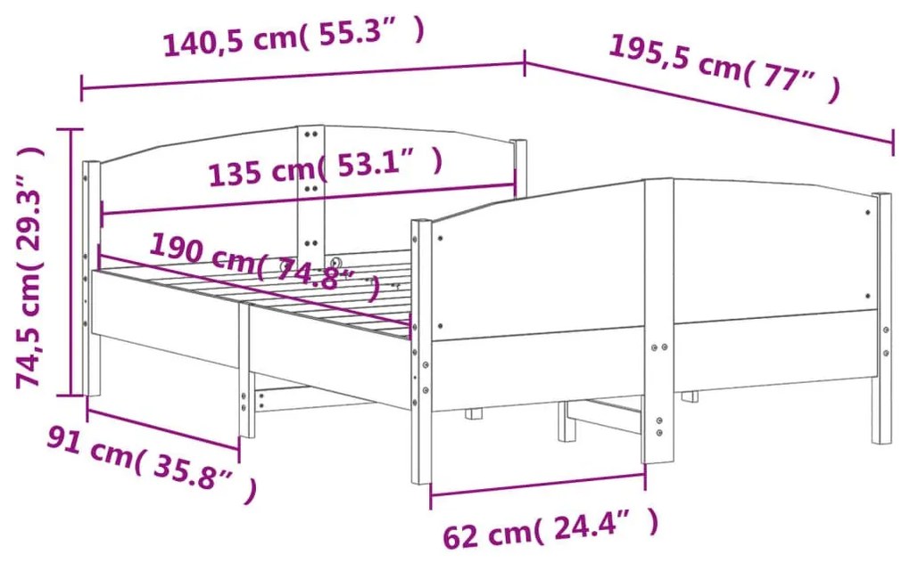 Σκελετός Κρεβατιού Χωρίς Στρώμα 135x190 εκ Μασίφ Ξύλο Πεύκου - Καφέ