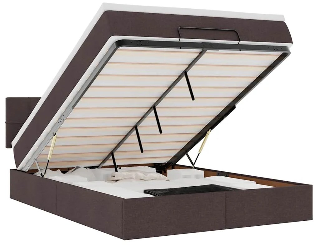 vidaXL Οθωμανικό κρεβάτι με στρώμα & LEDs Σκούρο καφέ 140x190cm Ύφασμα