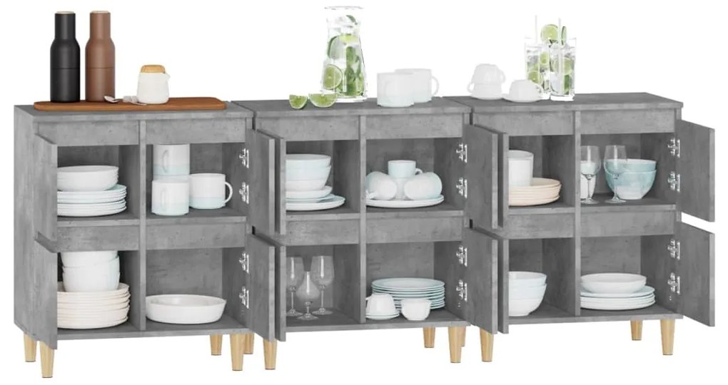 vidaXL Ντουλάπια 3 τεμ. Γκρι Σκυροδέματος 60x35x70 εκ. Επεξεργ. Ξύλο