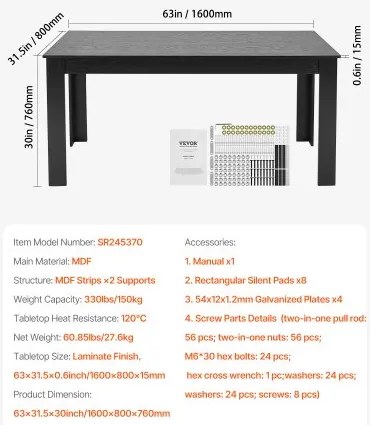 VEVOR 63in Rectangle Dining Table Wood Kitchen Table for 4-6 Person (Only Table)