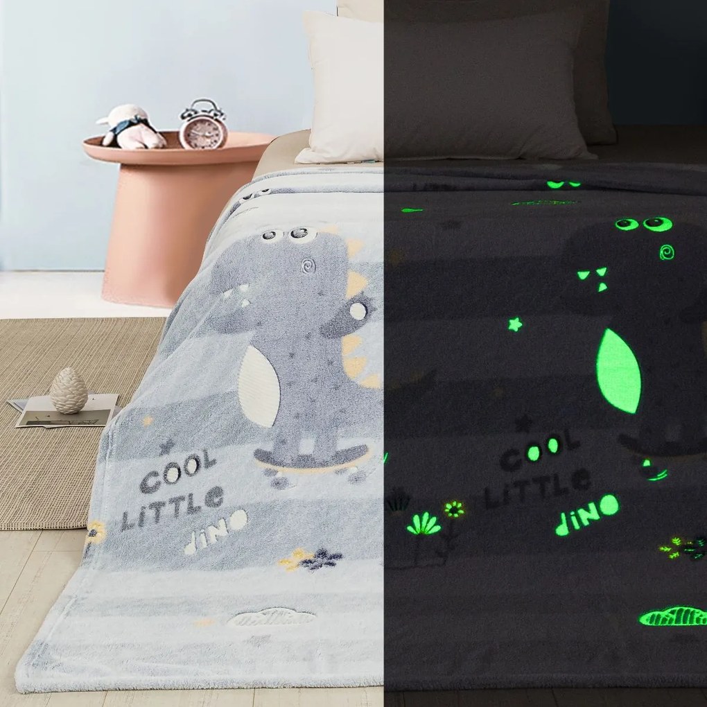 Κουβέρτα Παιδική Φωσφοριζέ Dinosaur 101 Light Grey Αdam Home Single 160x220cm Πολυέστερ
