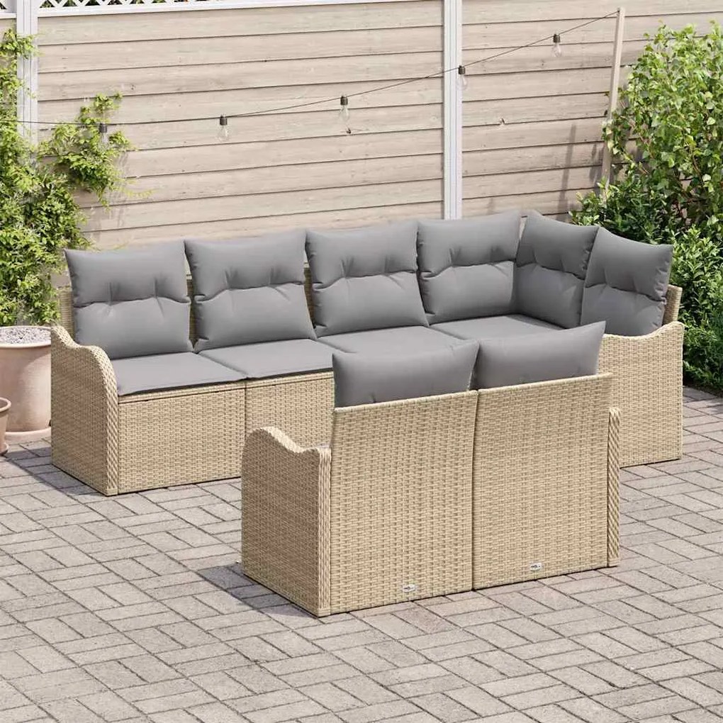 vidaXL Σετ Καναπέ Κήπου με μαξιλάρι 7 pcs Μπεζ Πολυ ράταν