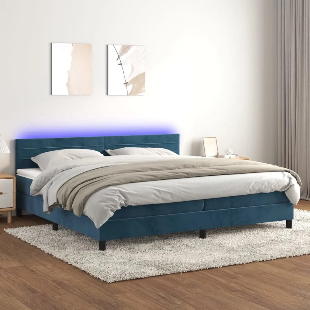 vidaXL Κρεβάτι Boxspring με Στρώμα &amp; LED Σκ. Μπλε 200x200εκ. Βελούδινο