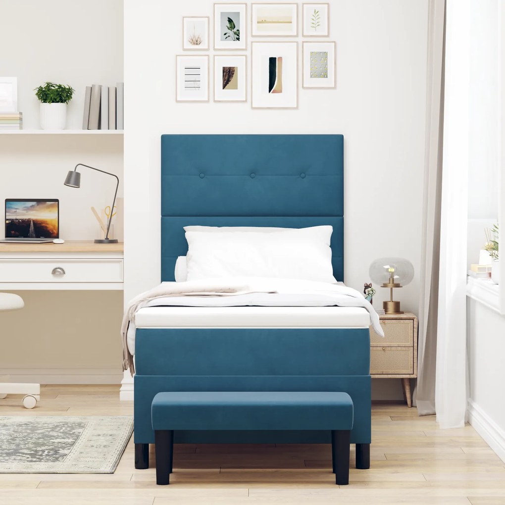 vidaXL Κρεβάτι Box Spring με Μαξιλάρι & Πάγκο Σκούρο Μπλε 90x190 εκ Βελούδο
