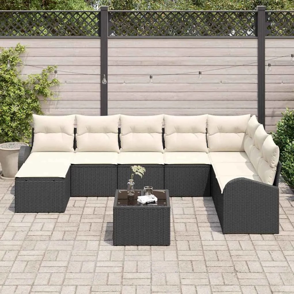 vidaXL Σετ Καναπέ Κήπου με μαξιλάρι 9 pcs Μαύρο και λευκό Πολυ ράταν