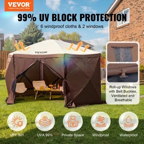 VEVOR Pop Up Gazebo Tent Pop-Up Screen Tent 6 Sided Canopy Sun Shelter Brown