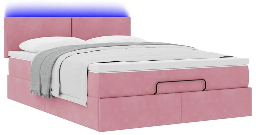 vidaXL Οθωμανικό κρεβάτι με στρώμα & LEDs Ροζ 140x200cm Βελούδο