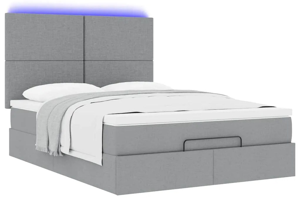 vidaXL Οθωμανικό κρεβάτι με στρώμα & LEDs Ανοιχτό γκρι ύφασμα