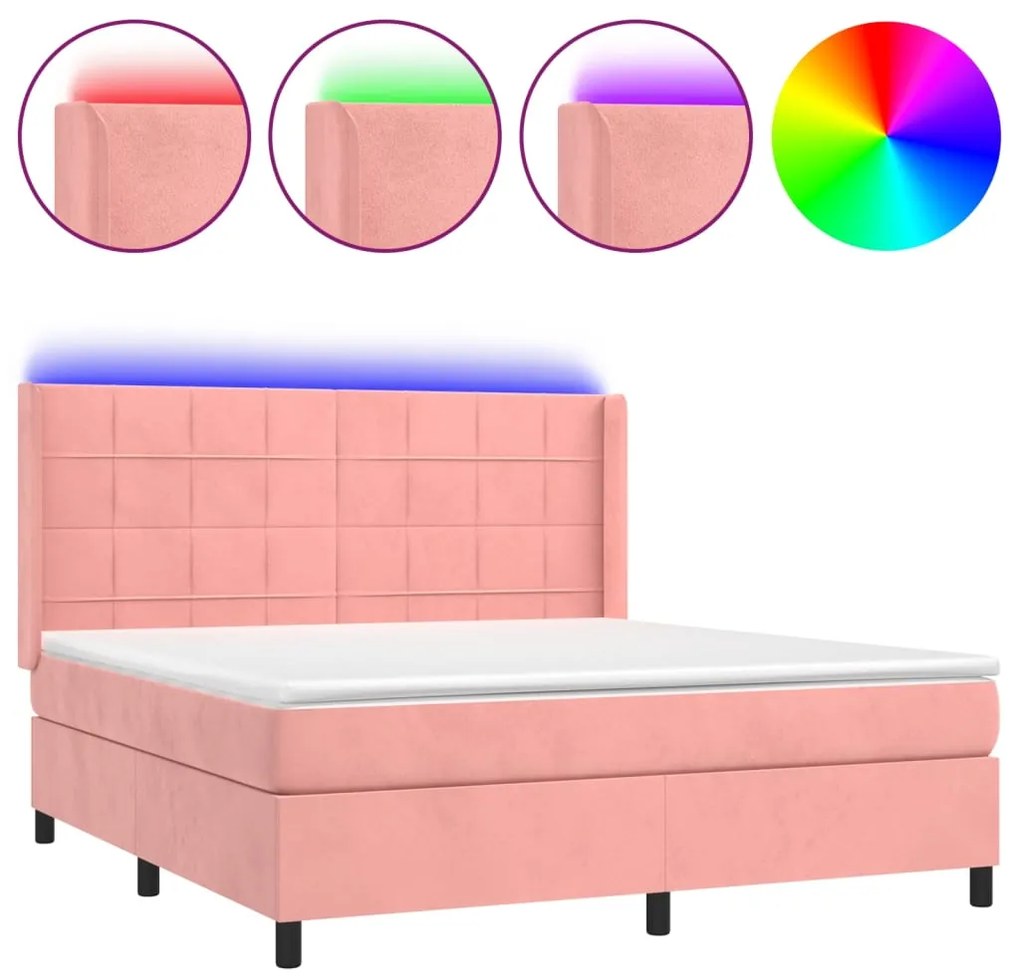 Κρεβάτι Boxspring με Στρώμα &amp; LED Ροζ 160x200 εκ. Βελούδινο - Ροζ