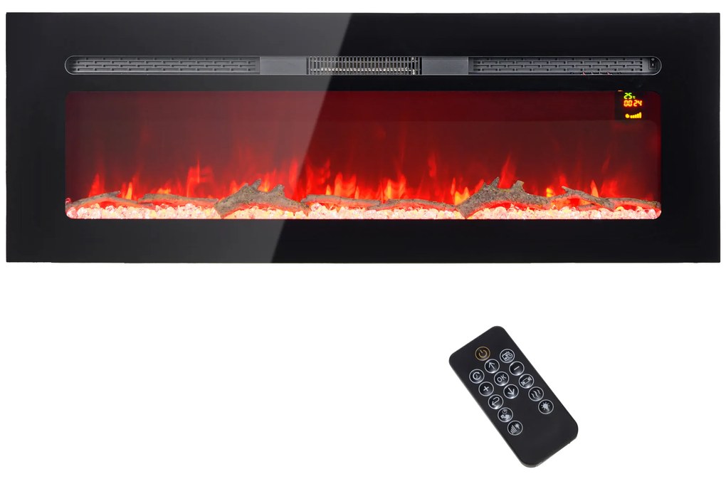 Ηλεκτρικό τζάκι HOMCOM για επιτοίχια τοποθέτηση με τηλεχειριστήριο, ψεύτικα ξύλα και κρύσταλλα, ισχύς 1800W, Μαύρο