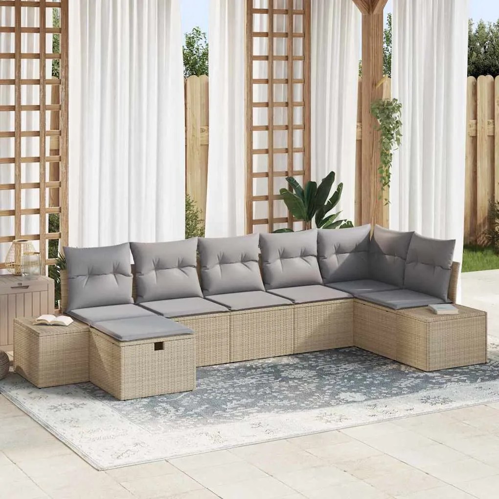 vidaXL Σετ Καναπέ Κήπου με μαξιλάρι 7 pcs Μπεζ Πολυ ράταν