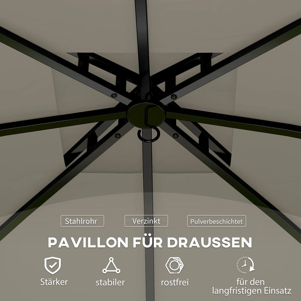 Outsunny Κήπου 3,4 x 3,4 m, τέντα πάρτι με αεριζόμενη οροφή, παράθυρα με τόξα, ατσάλινο πλαίσιο, ανοιχτό γκρι