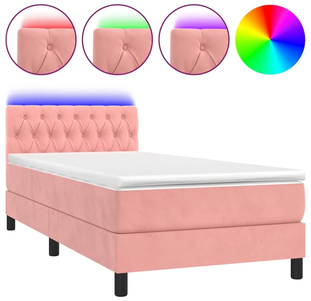 vidaXL Κρεβάτι Boxspring με Στρώμα &amp; LED Ροζ 90x190 εκ. Βελούδινο