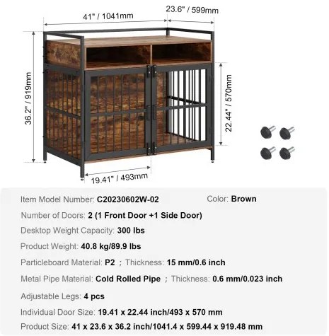 VEVOR Furniture Style Dog Crate with Storage, 41 inch Dog Crate Furniture Large Breed with Double Doors, Wooden Dog Cage for Large/Medium Dog Indoor, Hold up to 70 lbs, Rustic Brown