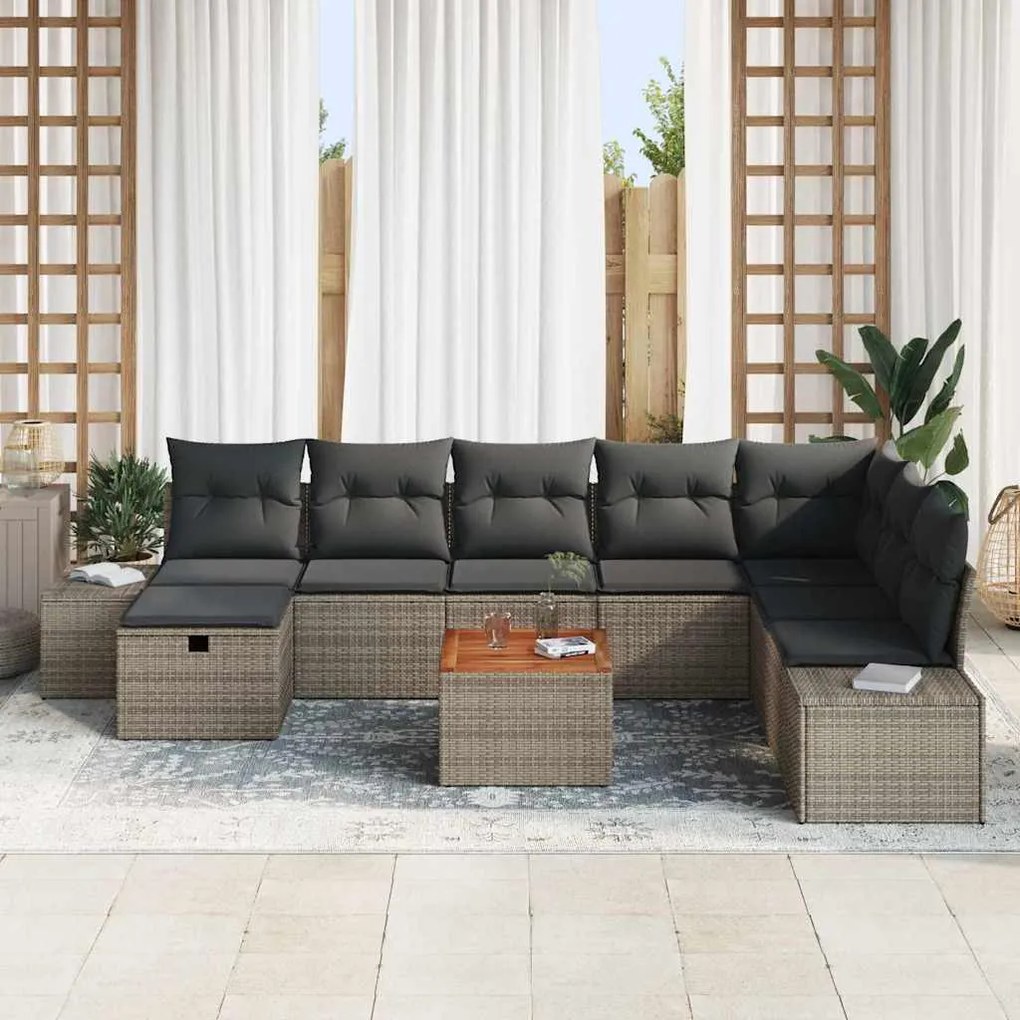 vidaXL Σετ Καναπέ Κήπου με μαξιλάρι 9 pcs Γκρι Πολυ ράταν