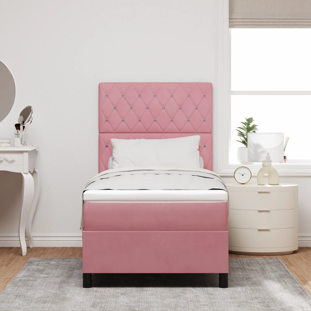 vidaXL Κρεβάτι Box Spring με Στρώμα Ροζ 90x200 εκ Βελούδο