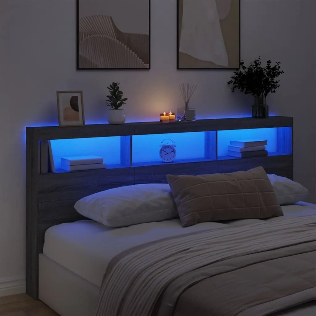 vidaXL Κεφαλάρι με Αποθηκ. Χώρο &amp; LED Γκρι Sonoma 200x17x102 εκ.