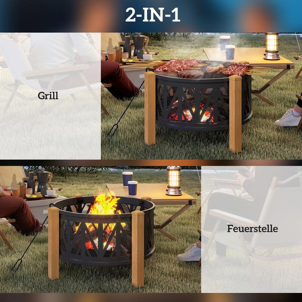 Outsunny 2-σε-1 Εστία Τζακιού Ø75 x 58 εκ. με κάλυμμα προστασίας από σπινθήρες και εργαλείο, Μαύρο