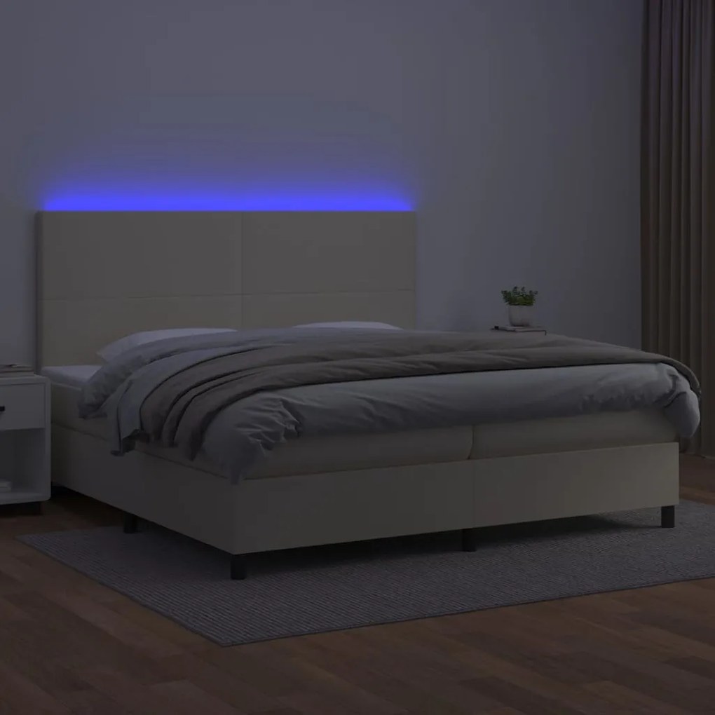 vidaXL Κρεβάτι Boxspring με Στρώμα & LED Κρεμ 200x200 εκ. Συνθ. Δέρμα