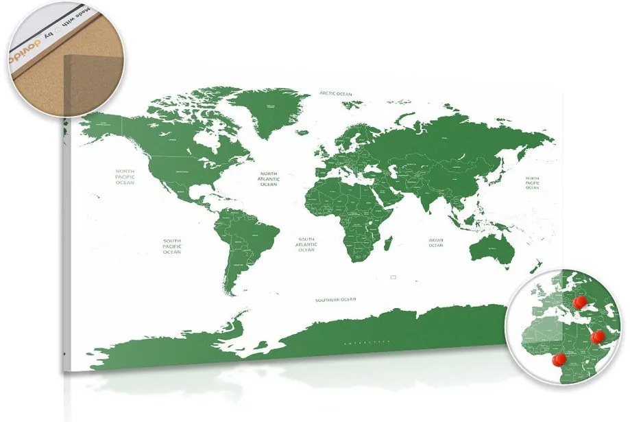 Εικόνα στον παγκόσμιο χάρτη φελλού με μεμονωμένες πολιτείες σε πράσινο - 120x80  wooden