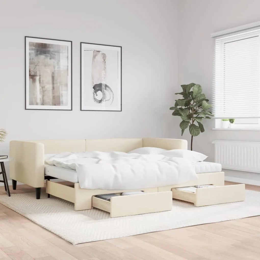 vidaXL Καναπές Κρεβάτι Συρόμενος Κρεμ 90x200 εκ. Ύφασμα &amp; Συρτάρια