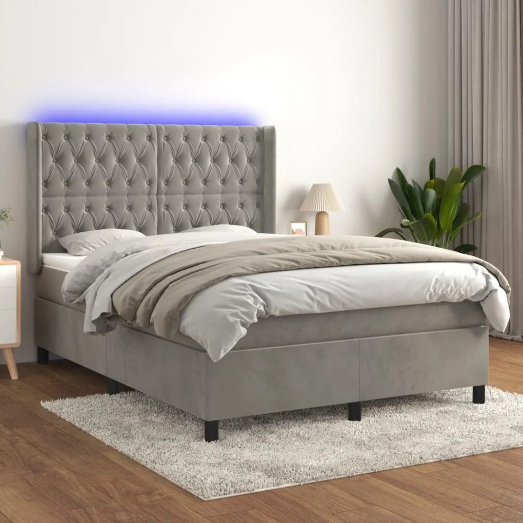 Κρεβάτι Boxspring με Στρώμα&amp;LED Αν. Γκρι 140x190 εκ. Βελούδινο