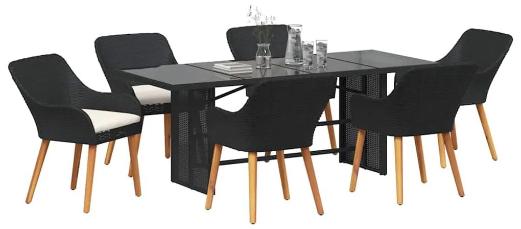vidaXL Σέτ φαγητού για κήπο με μαξιλάρι 7 pcs Μαύρο συνθετικό ρατάν