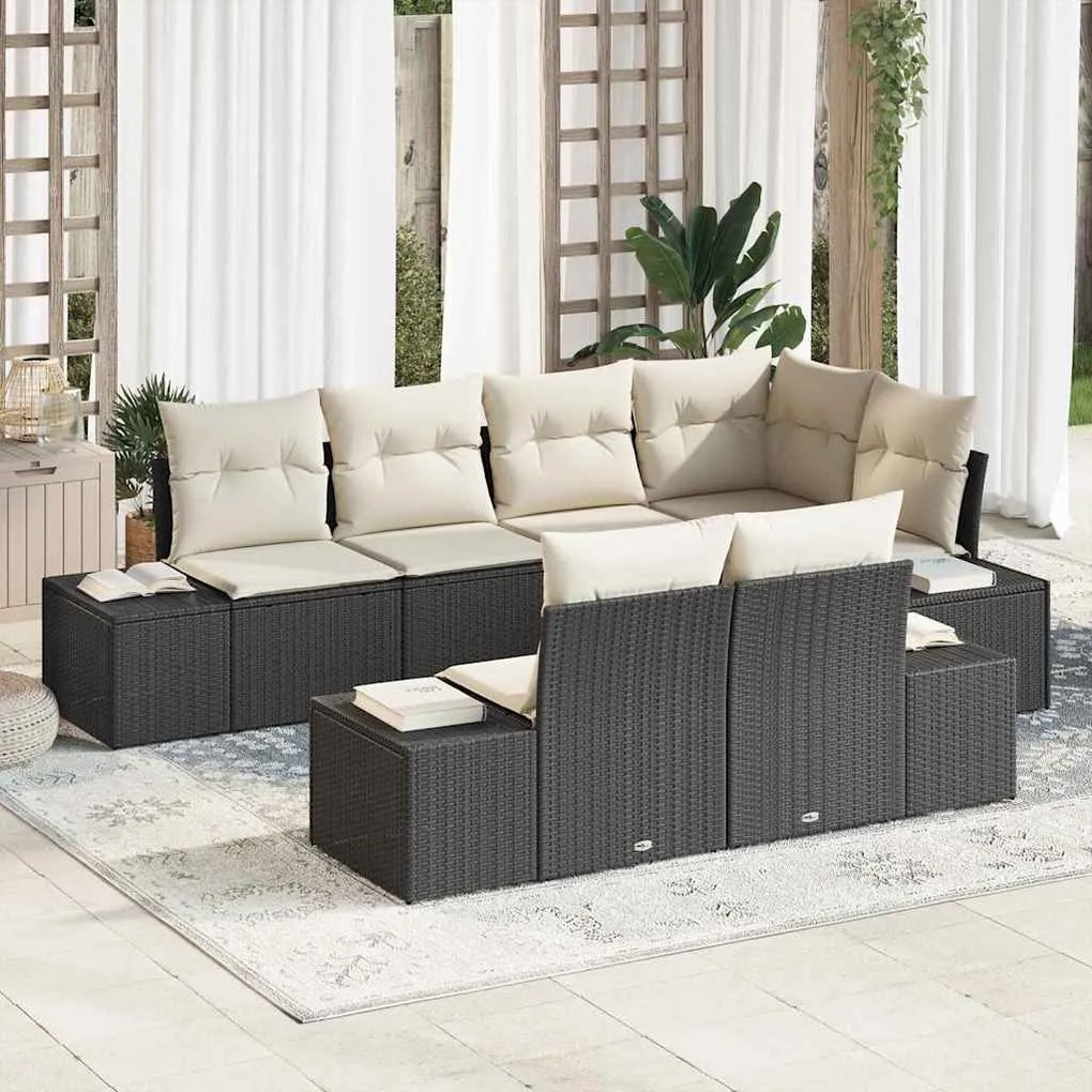 vidaXL Σετ Καναπέ Κήπου με μαξιλάρι 7 pcs Μαύρο και Κρεμ Πολυ ράταν
