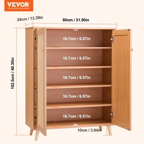 VEVOR Rattan Shoe Cabinet 5 Tiers Shoe Organizer 2 Doors &amp; Adjustable Shelves
