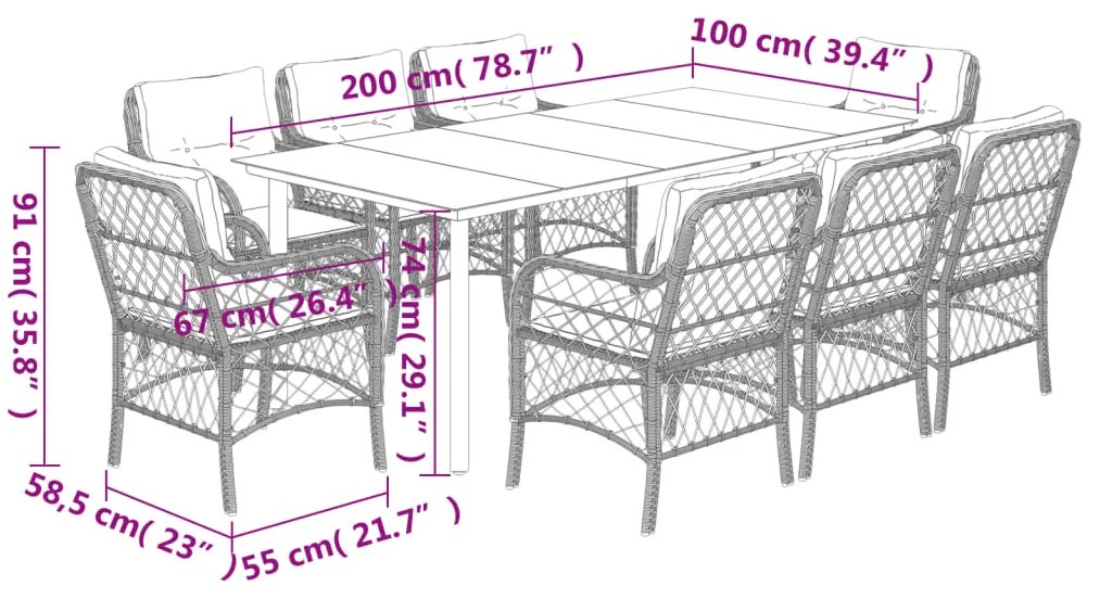 vidaXL Σετ Τραπεζαρίας Κήπου 9 τεμ. Γκρι Συνθ. Ρατάν με Μαξιλάρια