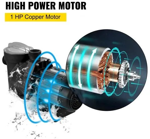 VEVOR 1 HP Pool Pump, 19200 L/h 750W Pool Pump In/Ground Swimming Pool Pump with Strainer Basket Pool Pump Motor for Clean Swimming Pool Water 1.97&quot; Inlet/Outlet pool filter pump with 2 Fitting Hoses