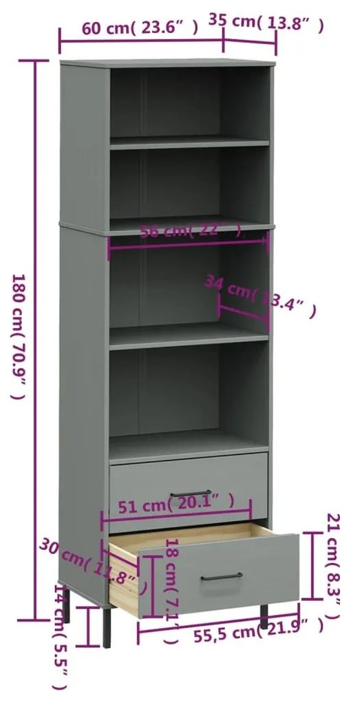 Βιβλιοθήκη OSLO με 2 Συρτάρια Γκρι 60x35x180 εκ. Μασίφ Ξύλο - Γκρι