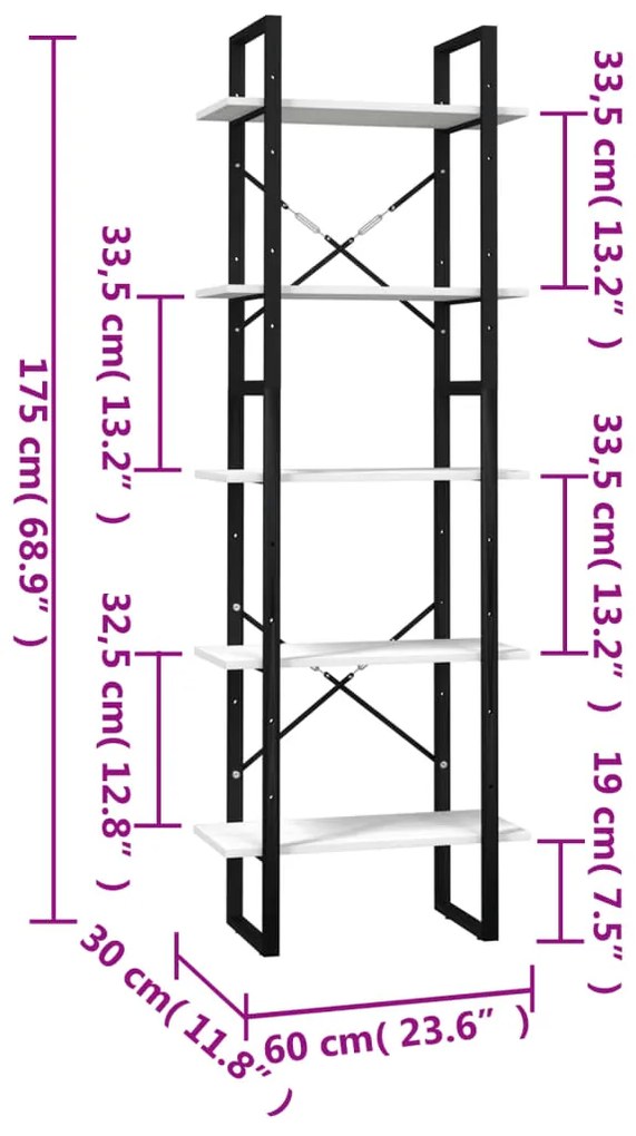 vidaXL Βιβλιοθήκη με 5 Ράφια Λευκή 60 x 30 x 175 εκ. από Ξύλο Πεύκου