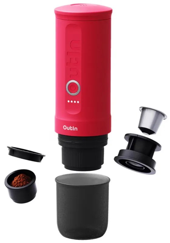 Φορητή μηχανή εσπρέσο Outin Nano Crimson Red, 12/24 V, 7500mAh, 20bar, 80 ml, Φόρτιση USB, Αλεσμένο + κάψουλες, Κόκκινο