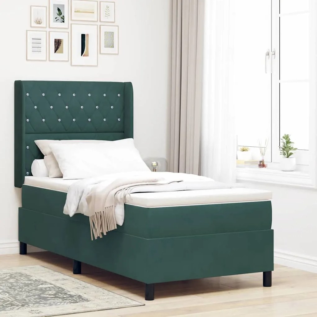 vidaXL Κρεβάτι Box Spring LED με Στρώμα Σκούρο Πράσινο 100 x 200 cm